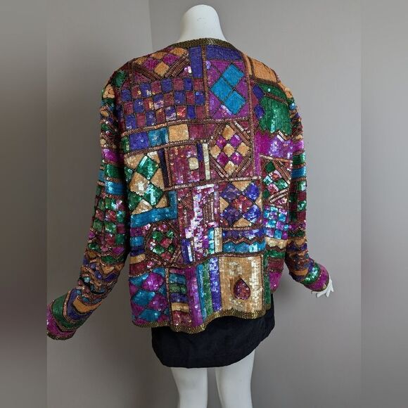 Vintage 100% Silk Sequin Jacket – Art Deco Patchwork – XL Statement Glam - Picture 13 of 13